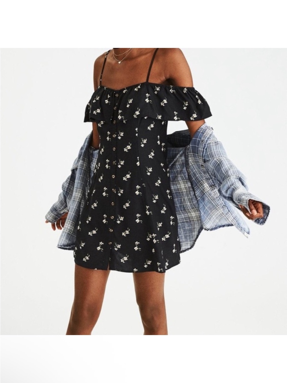 American Eagle Black Floral Off-Shoulder Mini Dress